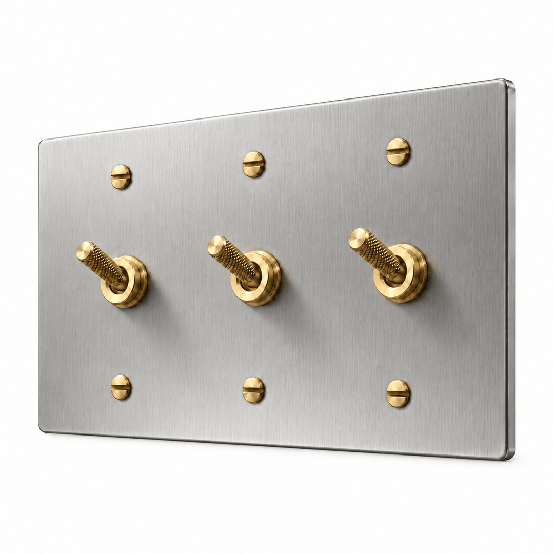 PlatePrestige 3-gang Knurled Toggle Light Switch in Stainless Steel / Brass