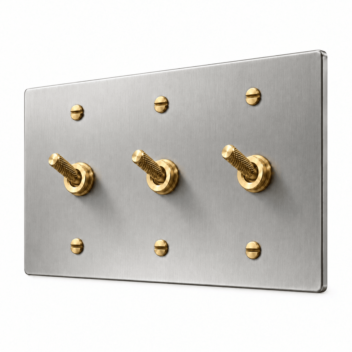 PlatePrestige 3-gang Knurled Toggle Light Switch in Stainless Steel / Brass