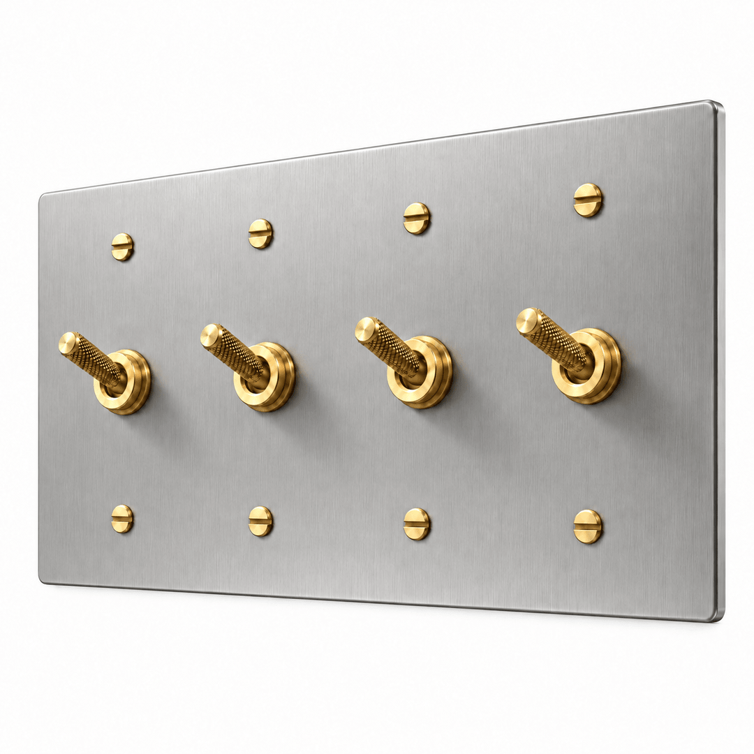 PlatePrestige 4-gang Knurled Toggle Light Switch in Stainless Steel / Brass