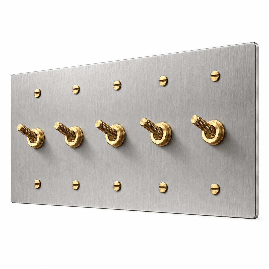 PlatePrestige 5-gang Knurled Toggle Light Switch in Stainless Steel / Brass