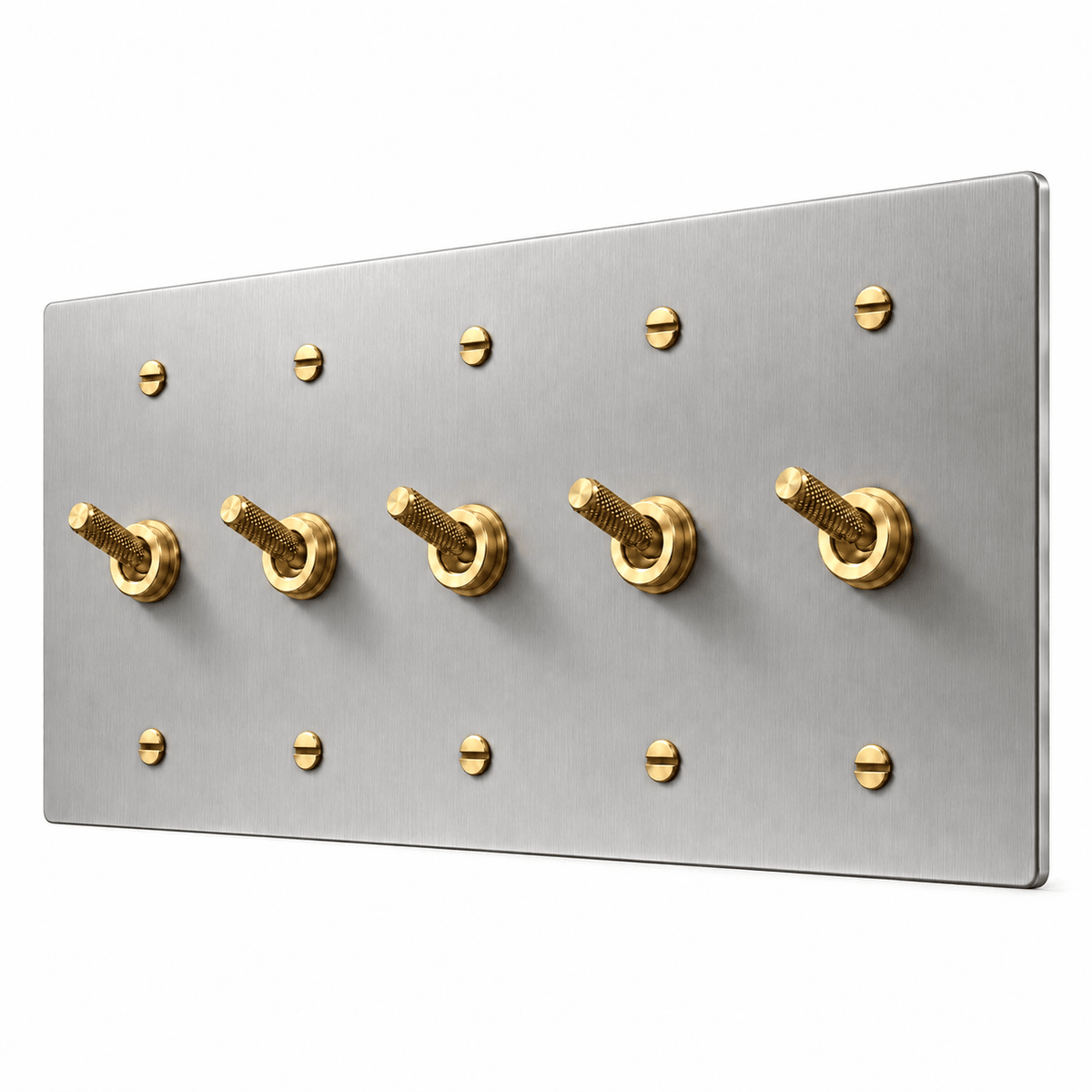 PlatePrestige 5-gang Knurled Toggle Light Switch in Stainless Steel / Brass