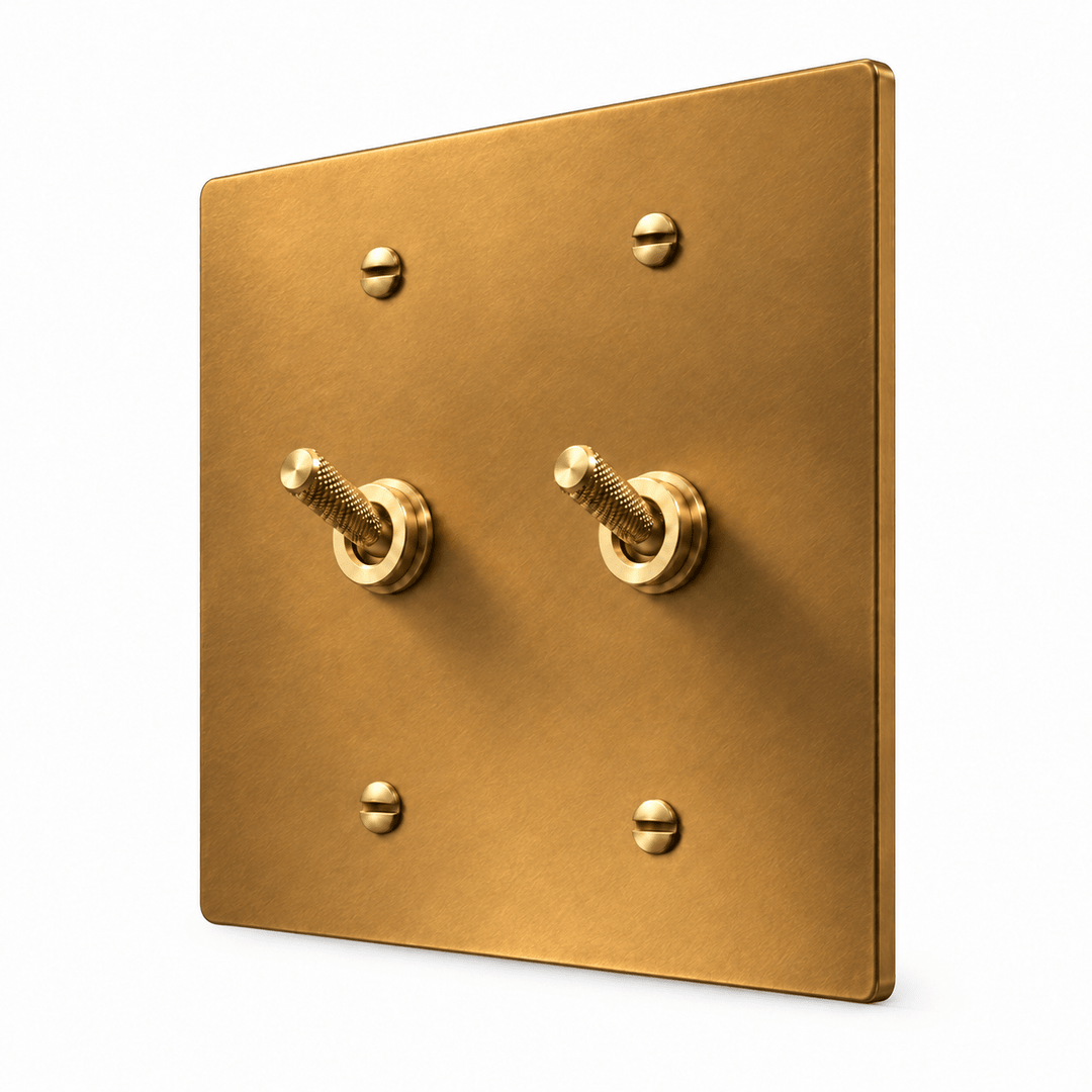 PlatePrestige 2-gang Knurled Toggle Light Switch in Unlacquered Aged brass