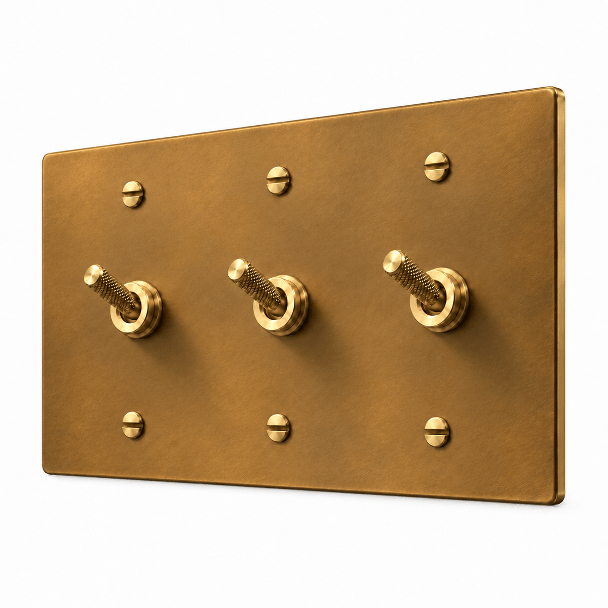 PlatePrestige 3-gang Knurled Toggle Light Switch in Unlacquered Aged brass