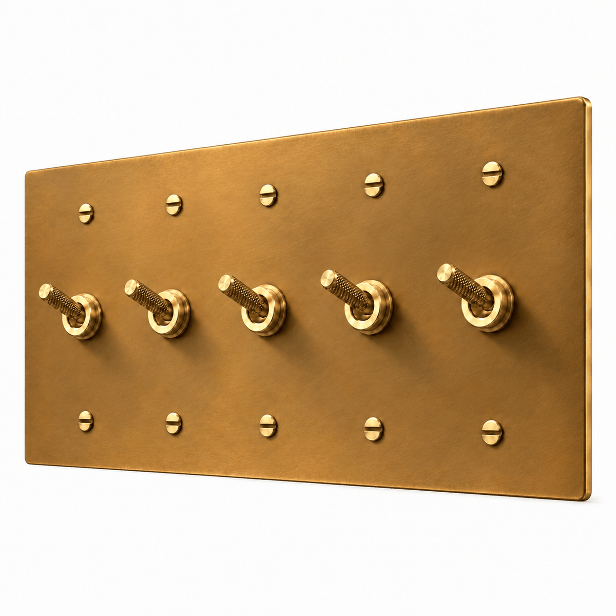 PlatePrestige 5-gang Knurled Toggle Light Switch in Unlacquered Aged brass