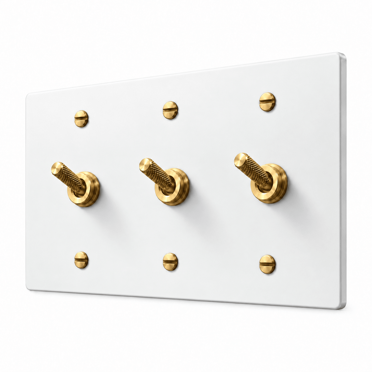 PlatePrestige 3-gang Knurled Toggle Light Switch in White / Brass