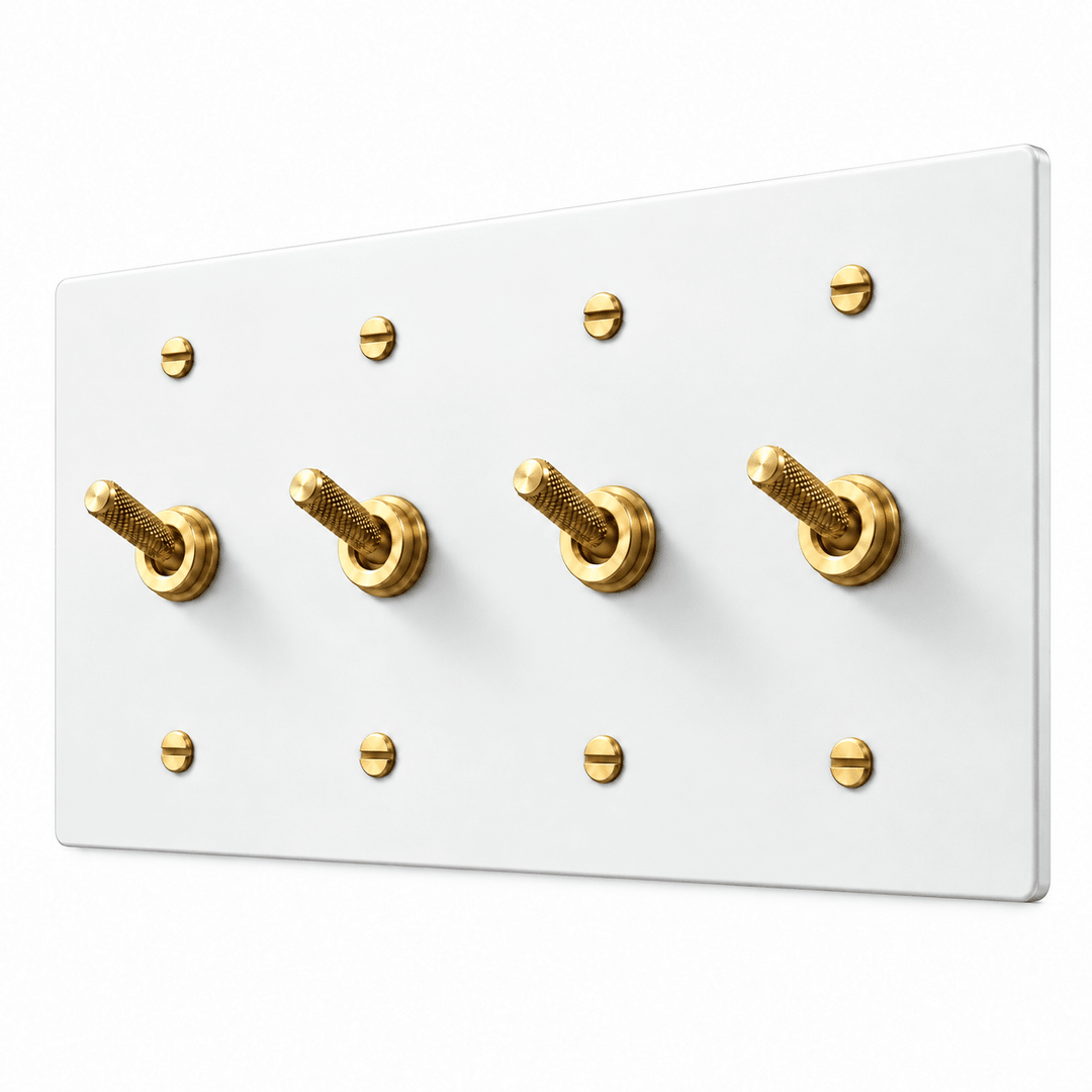 PlatePrestige 4-gang Knurled Toggle Light Switch in White / Brass
