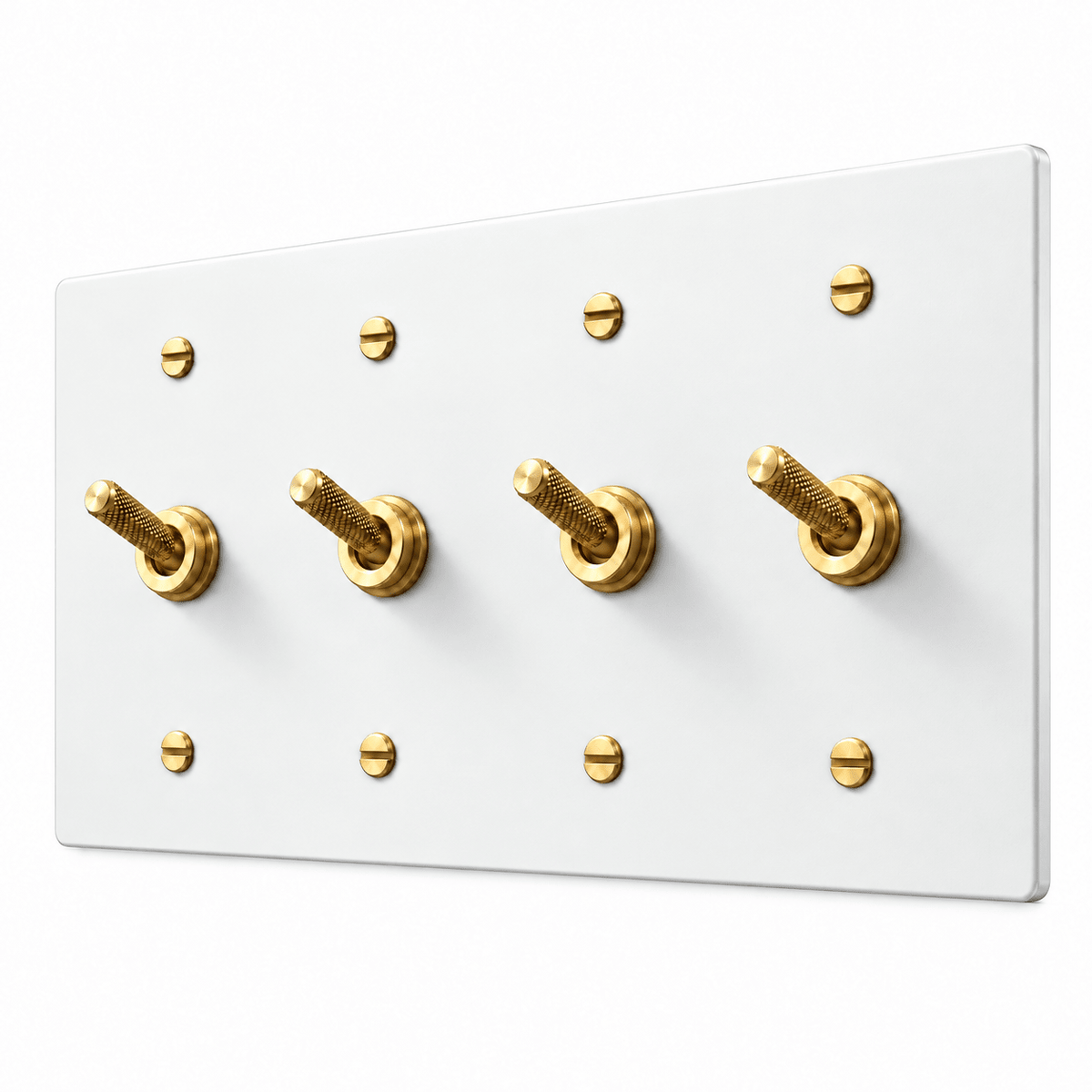 PlatePrestige 4-gang Knurled Toggle Light Switch in White / Brass