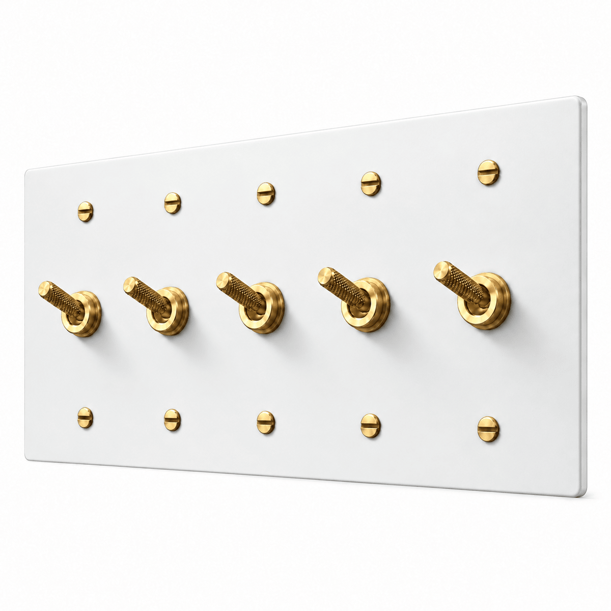 PlatePrestige 5-gang Knurled Toggle Light Switch in White / Brass