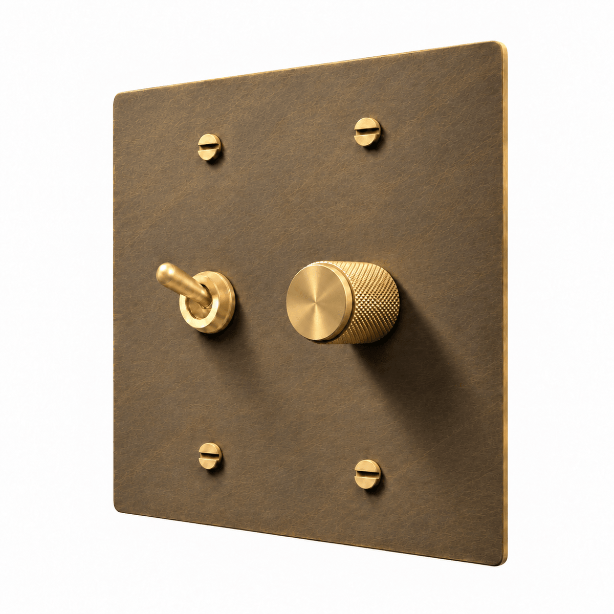 PlatePrestige Brass Retro Toggle & Dimmer Combo Switch Plate in uniform brushed aged brass