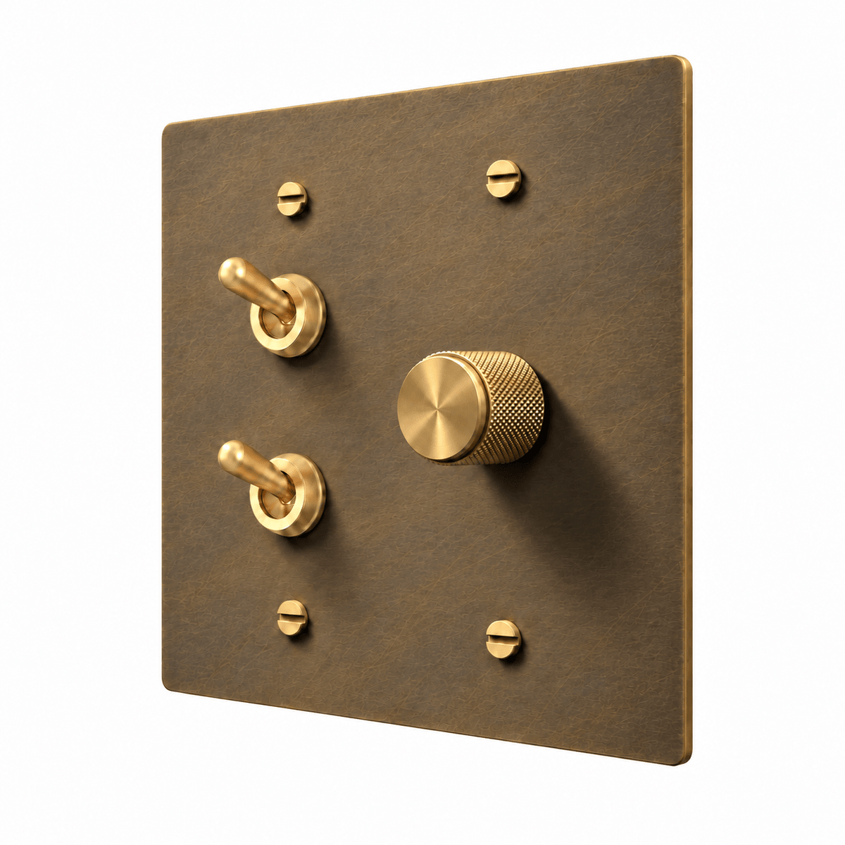 PlatePrestige Brass Stacked Retro Toggle & Dimmer Combo Switch Plate in uniform brushed aged brass