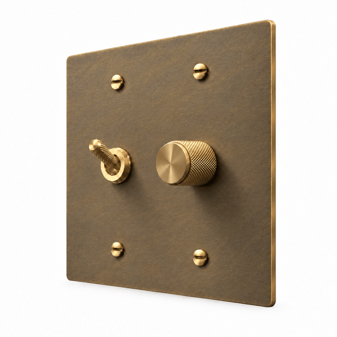 Aged Brass 2-Gang Knurled Toggle Light Switch & Dimmer with brass controls and matching mounting screws