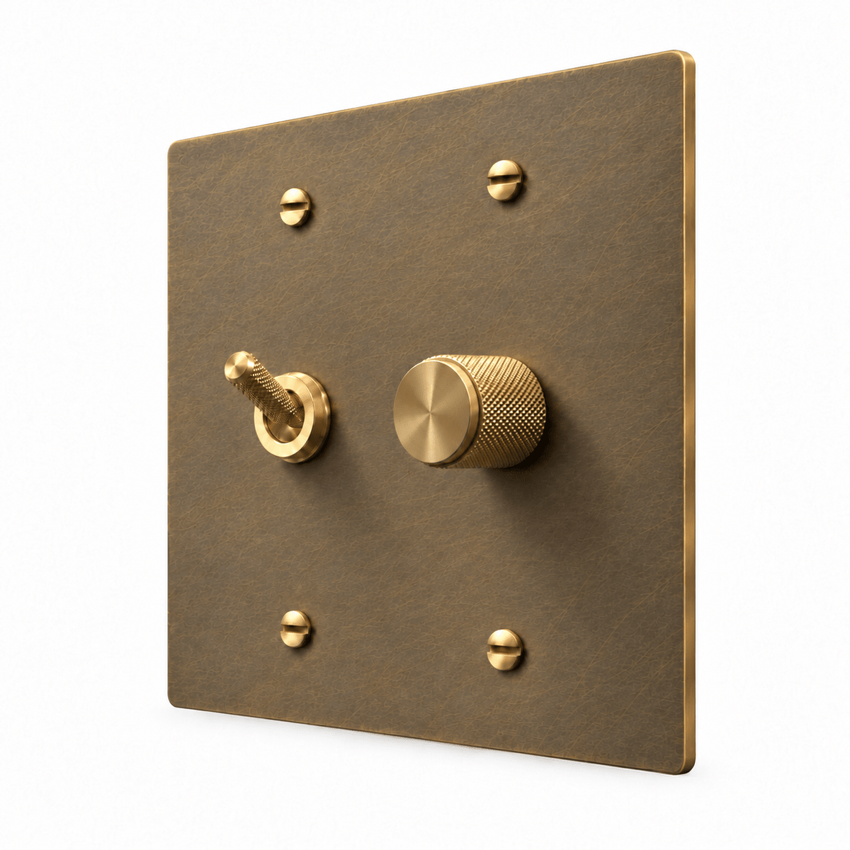 Aged Brass 2-Gang Knurled Toggle Light Switch & Dimmer with brass controls and matching mounting screws