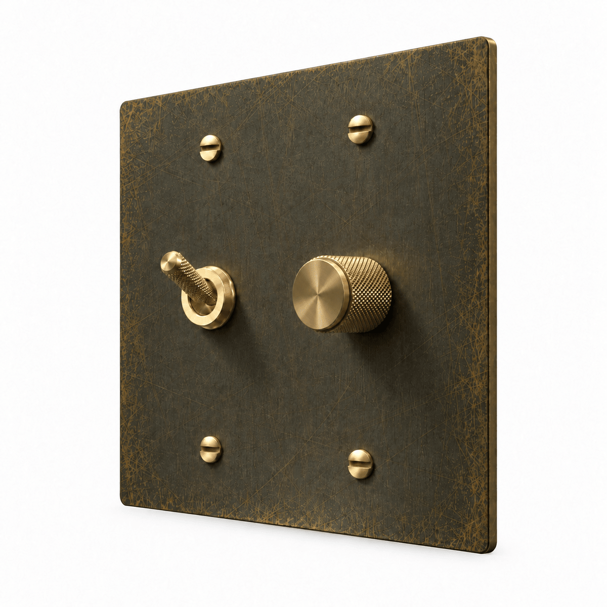 Antique Brass 2-Gang Knurled Toggle Light Switch & Dimmer with brass controls and matching mounting screws