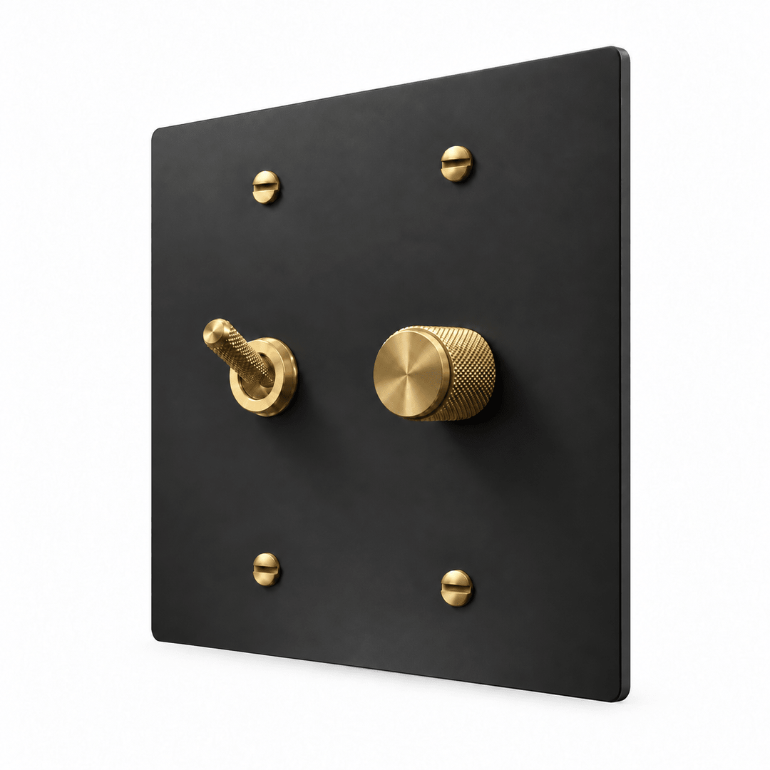 Black / Brass 2-Gang Knurled Toggle Light Switch & Dimmer with brass controls and matching mounting screws
