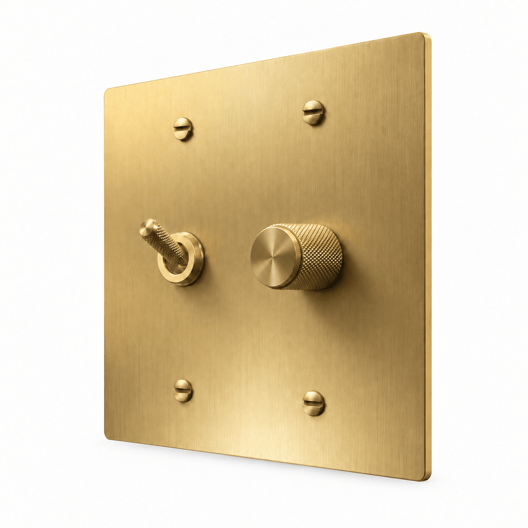 Brass 2-Gang Knurled Toggle Light Switch & Dimmer with brass controls and matching mounting screws