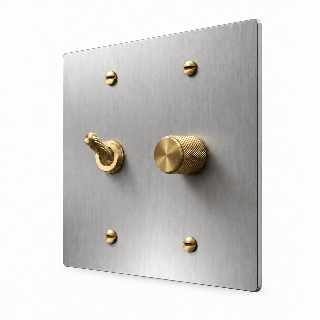 Stainless Steel / Brass 2-Gang Knurled Toggle Light Switch & Dimmer with brass controls and matching mounting screws