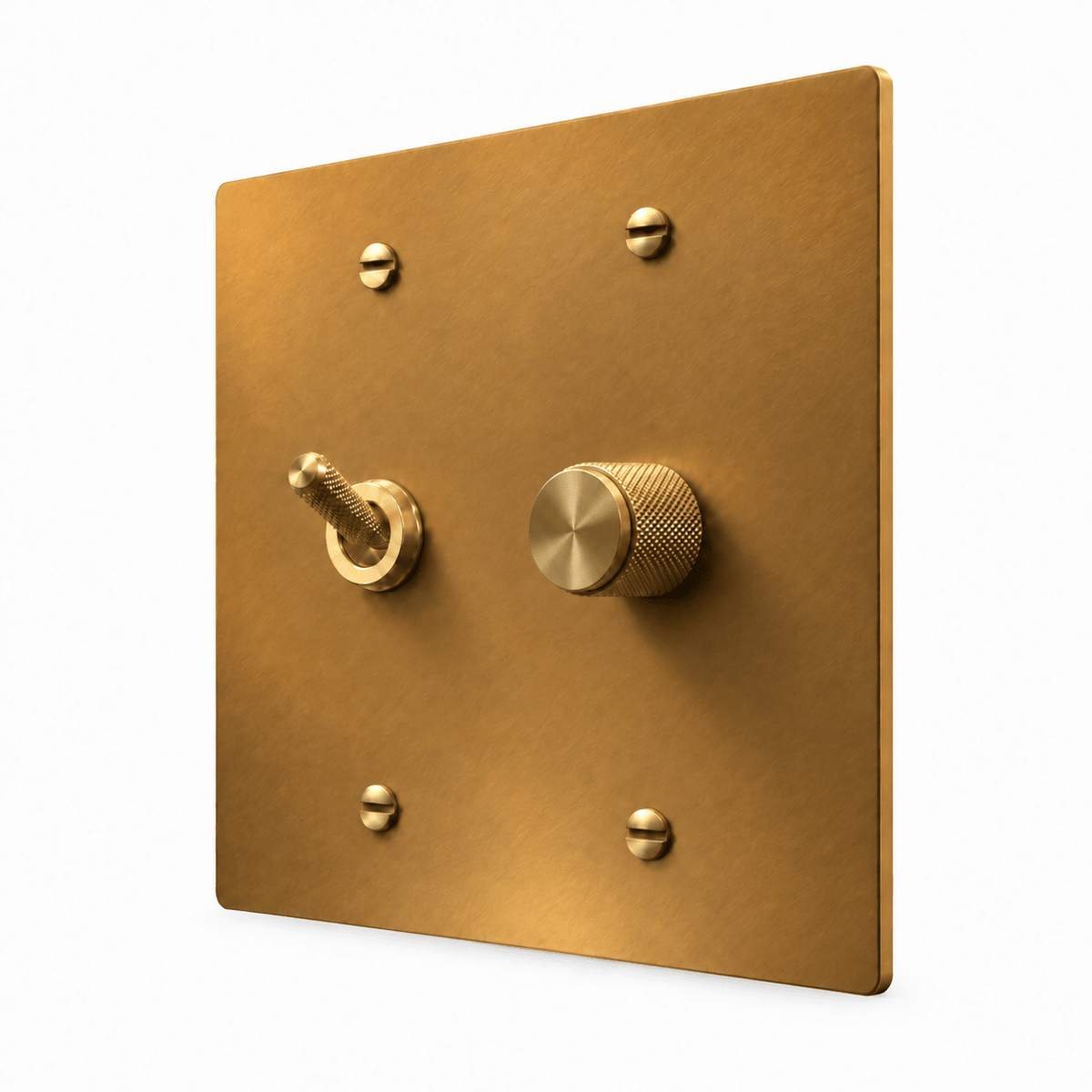 Unlacquered Aged brass 2-Gang Knurled Toggle Light Switch & Dimmer with brass controls and matching mounting screws