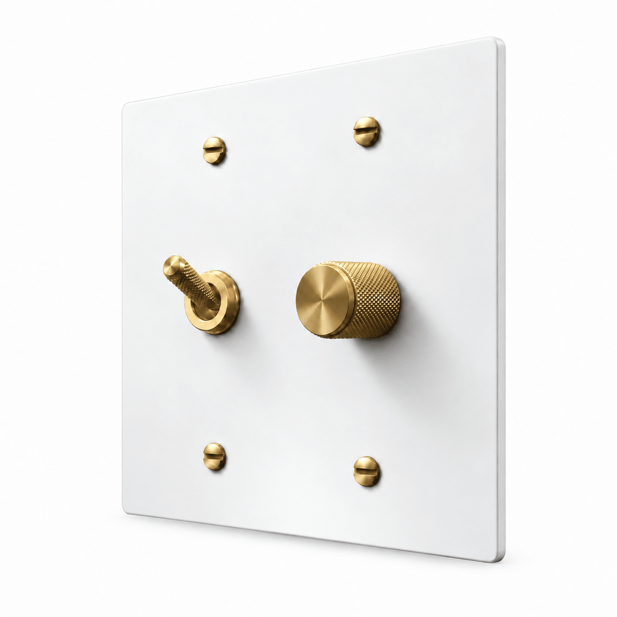 White / Brass 2-Gang Knurled Toggle Light Switch & Dimmer with brass controls and matching mounting screws