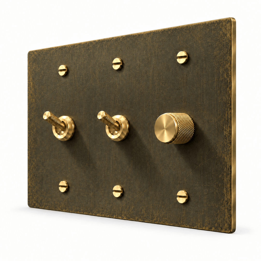 PlatePrestige 3-Gang 2 Knurled Toggle Light Switches & Dimmer in Antique Brass