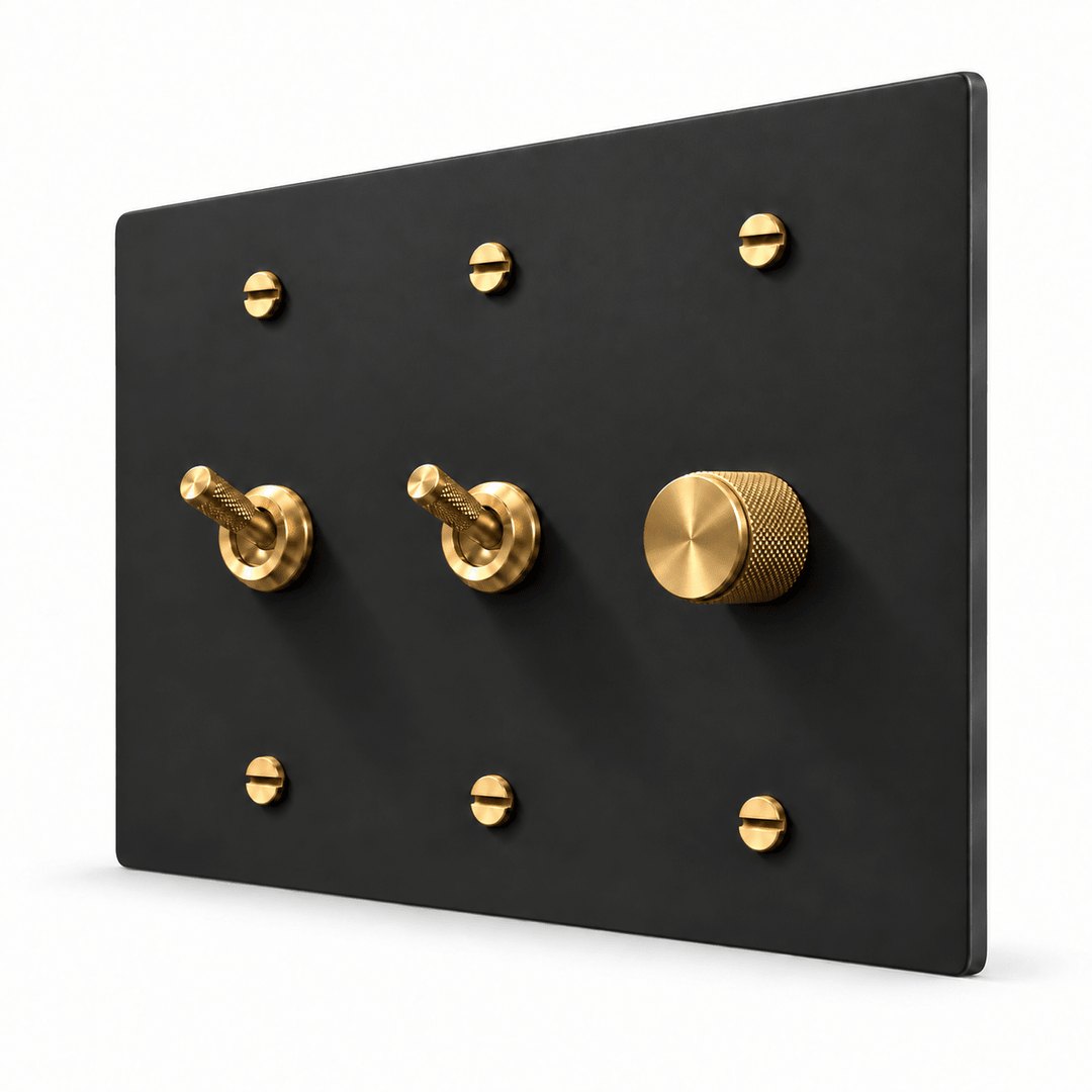 PlatePrestige 3-Gang 2 Knurled Toggle Light Switches & Dimmer in Black / Brass