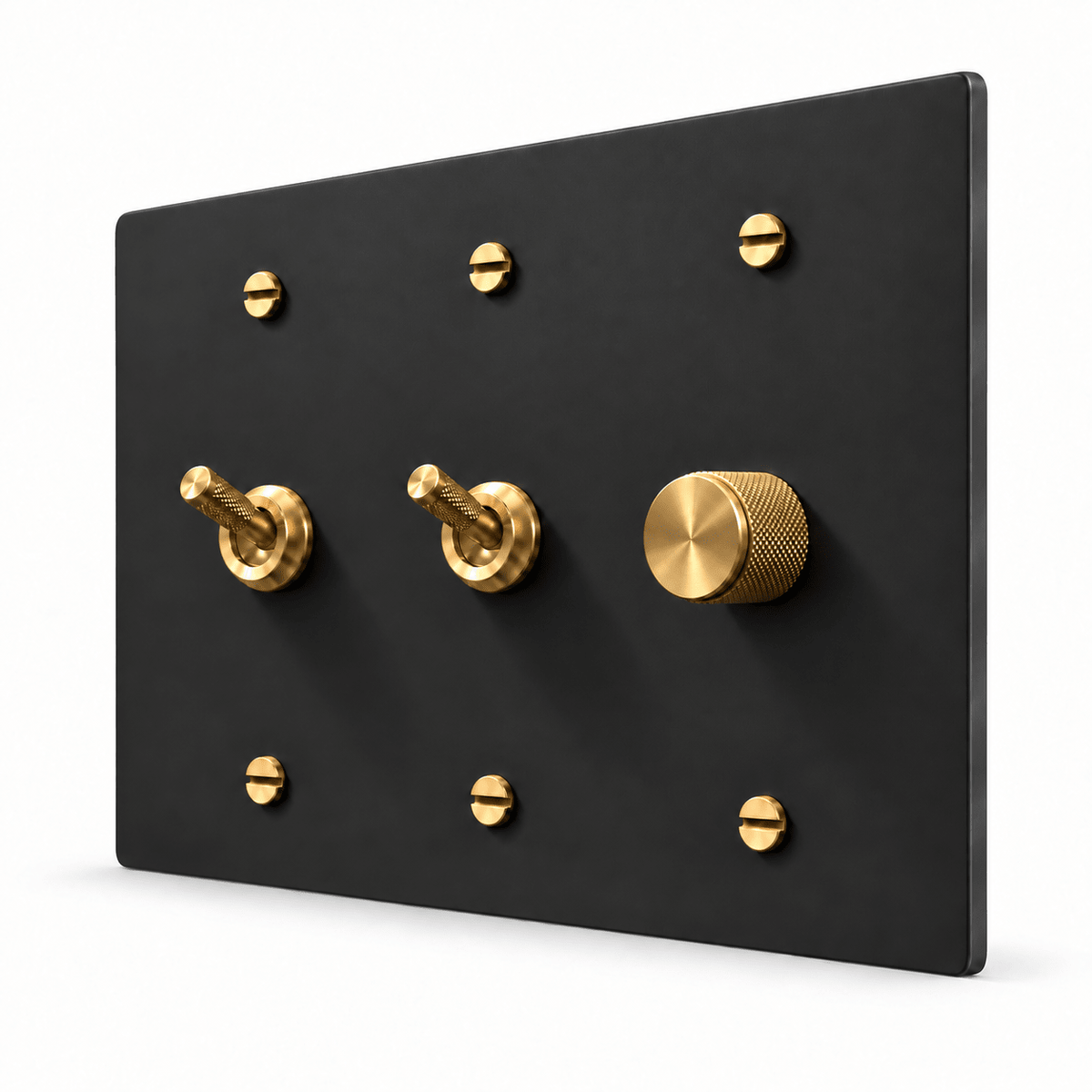 PlatePrestige 3-Gang 2 Knurled Toggle Light Switches & Dimmer in Black / Brass