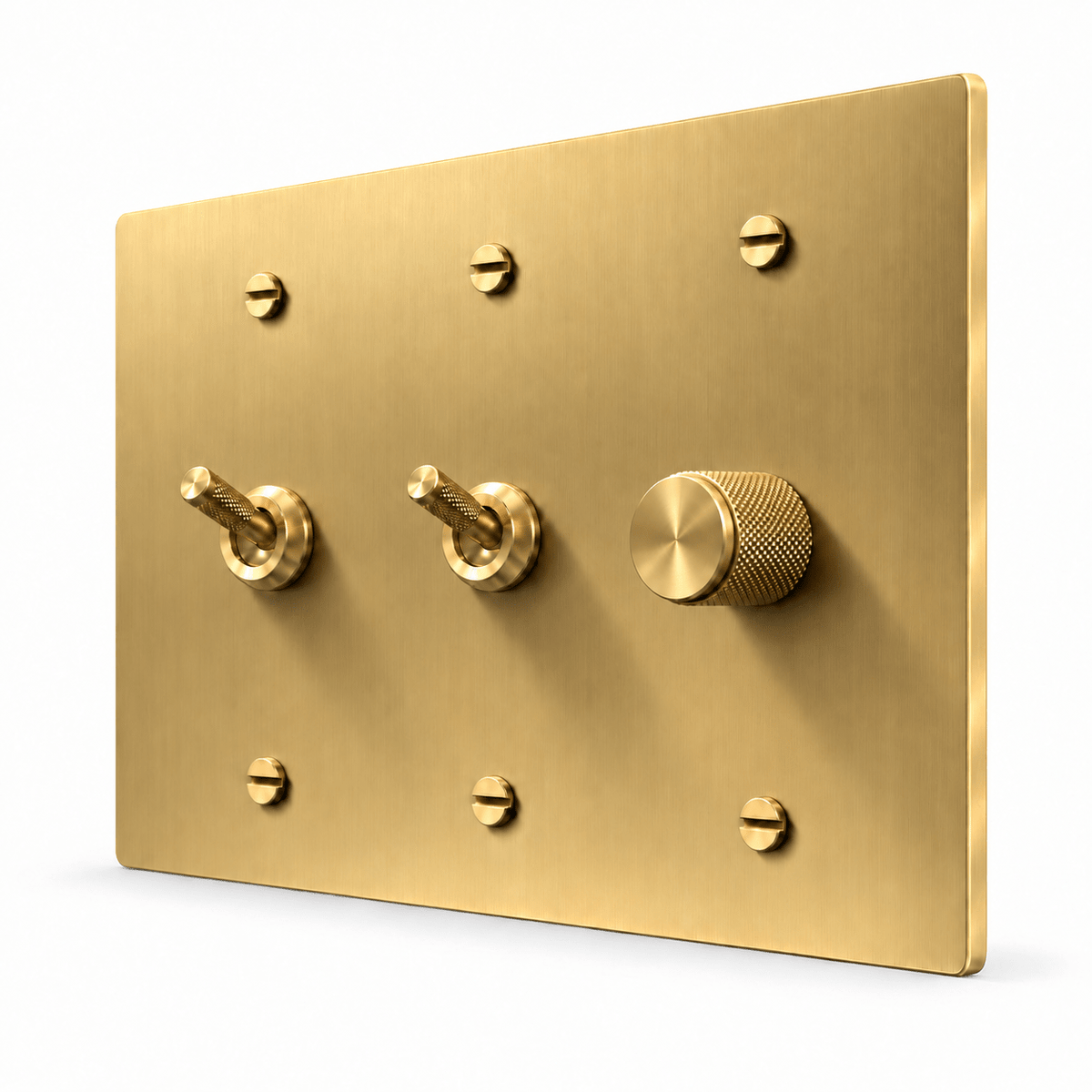 PlatePrestige 3-Gang 2 Knurled Toggle Light Switches & Dimmer in Brass