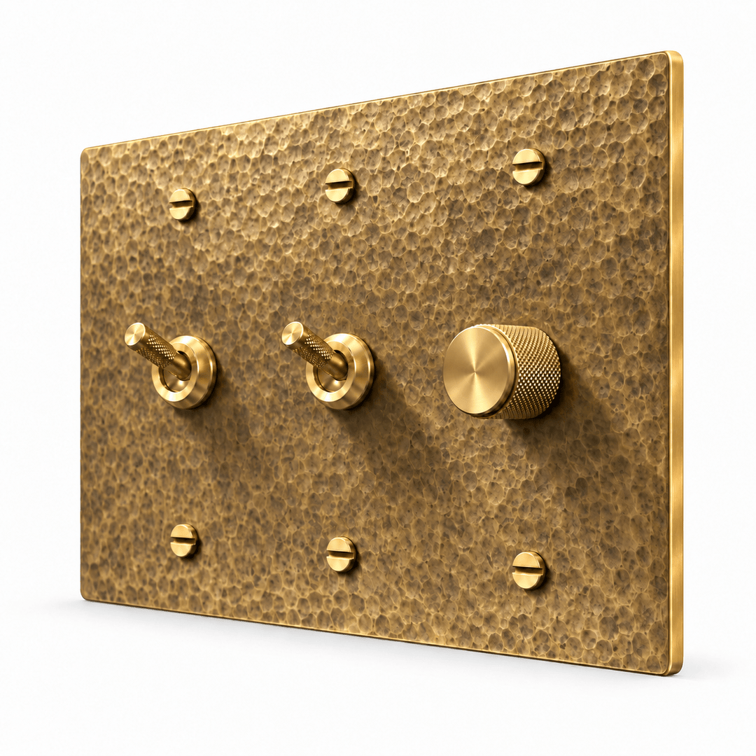 PlatePrestige 3-Gang 2 Knurled Toggle Light Switches & Dimmer in Hammered Antique Brass