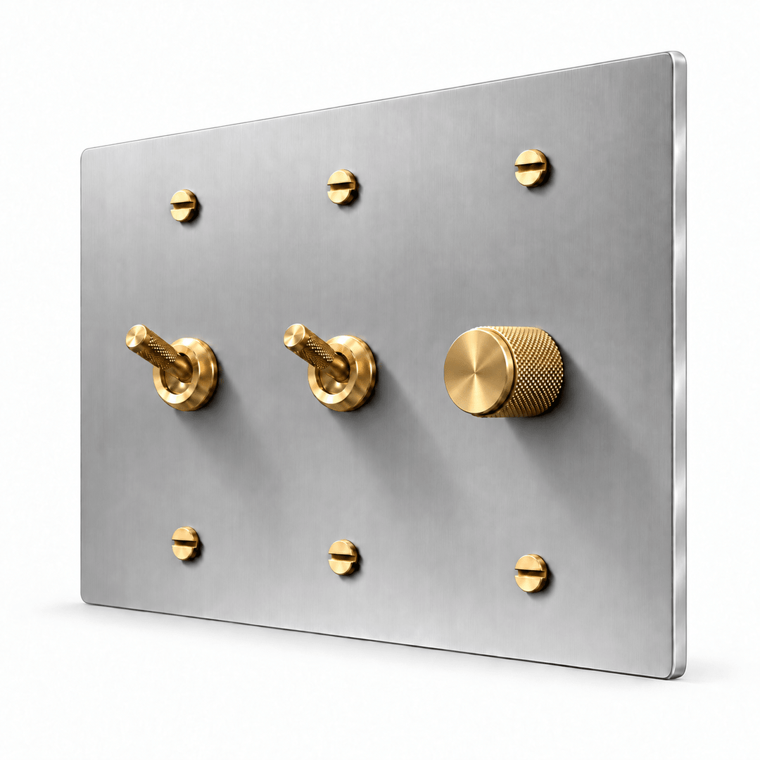 PlatePrestige 3-Gang 2 Knurled Toggle Light Switches & Dimmer in Stainless Steel / Brass