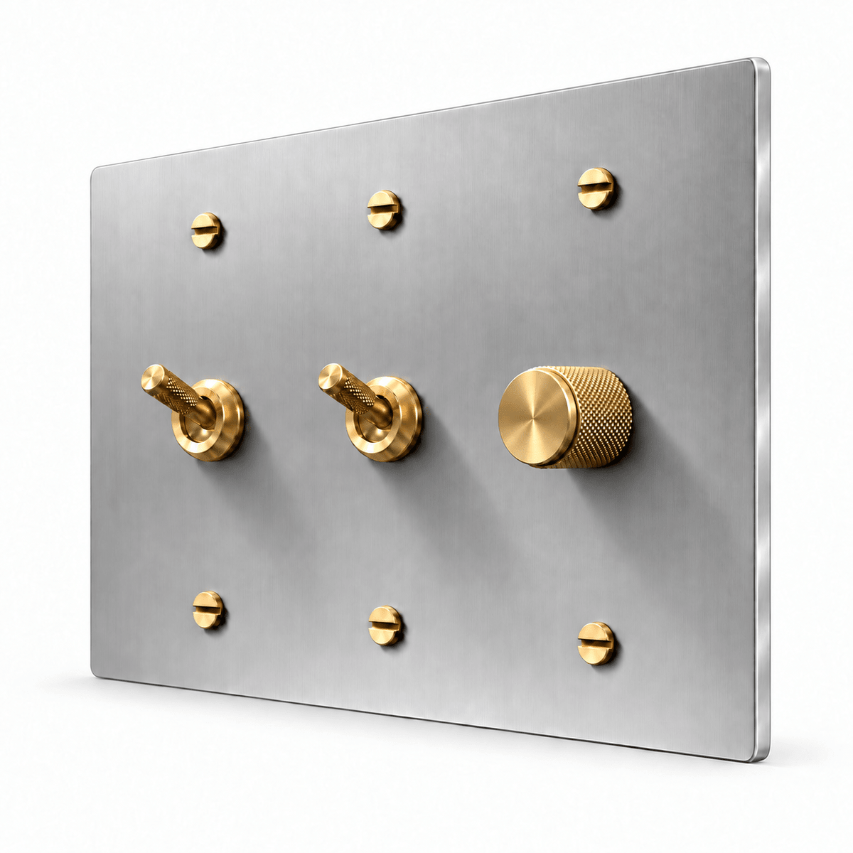 PlatePrestige 3-Gang 2 Knurled Toggle Light Switches & Dimmer in Stainless Steel / Brass