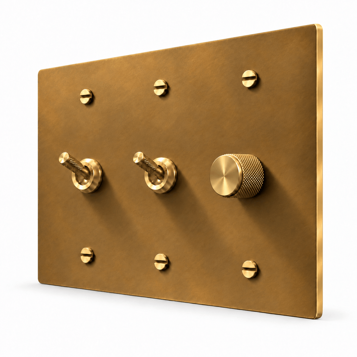 PlatePrestige 3-Gang 2 Knurled Toggle Light Switches & Dimmer in Unlacquered Aged brass