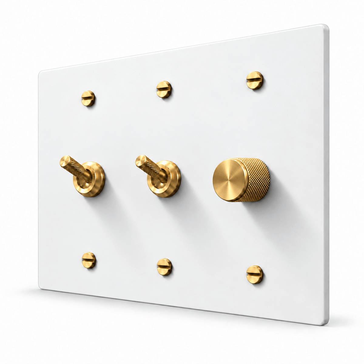 PlatePrestige 3-Gang 2 Knurled Toggle Light Switches & Dimmer in White / Brass