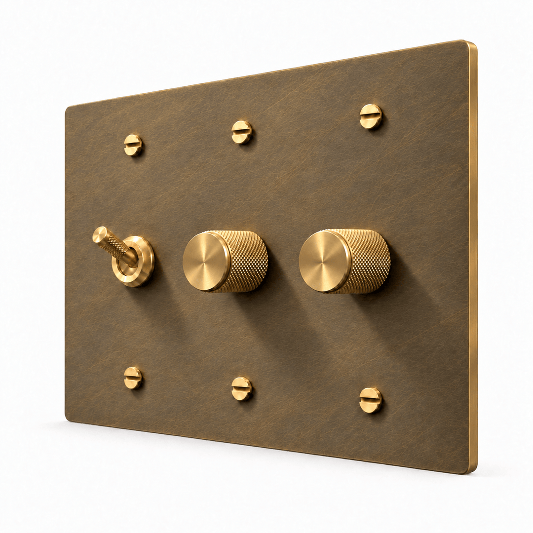 Aged Brass 3-Gang Knurled Toggle Light Switch & 2 Dimmers with brass controls and matching mounting screws