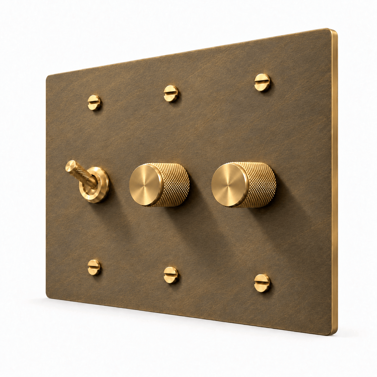 Aged Brass 3-Gang Knurled Toggle Light Switch & 2 Dimmers with brass controls and matching mounting screws
