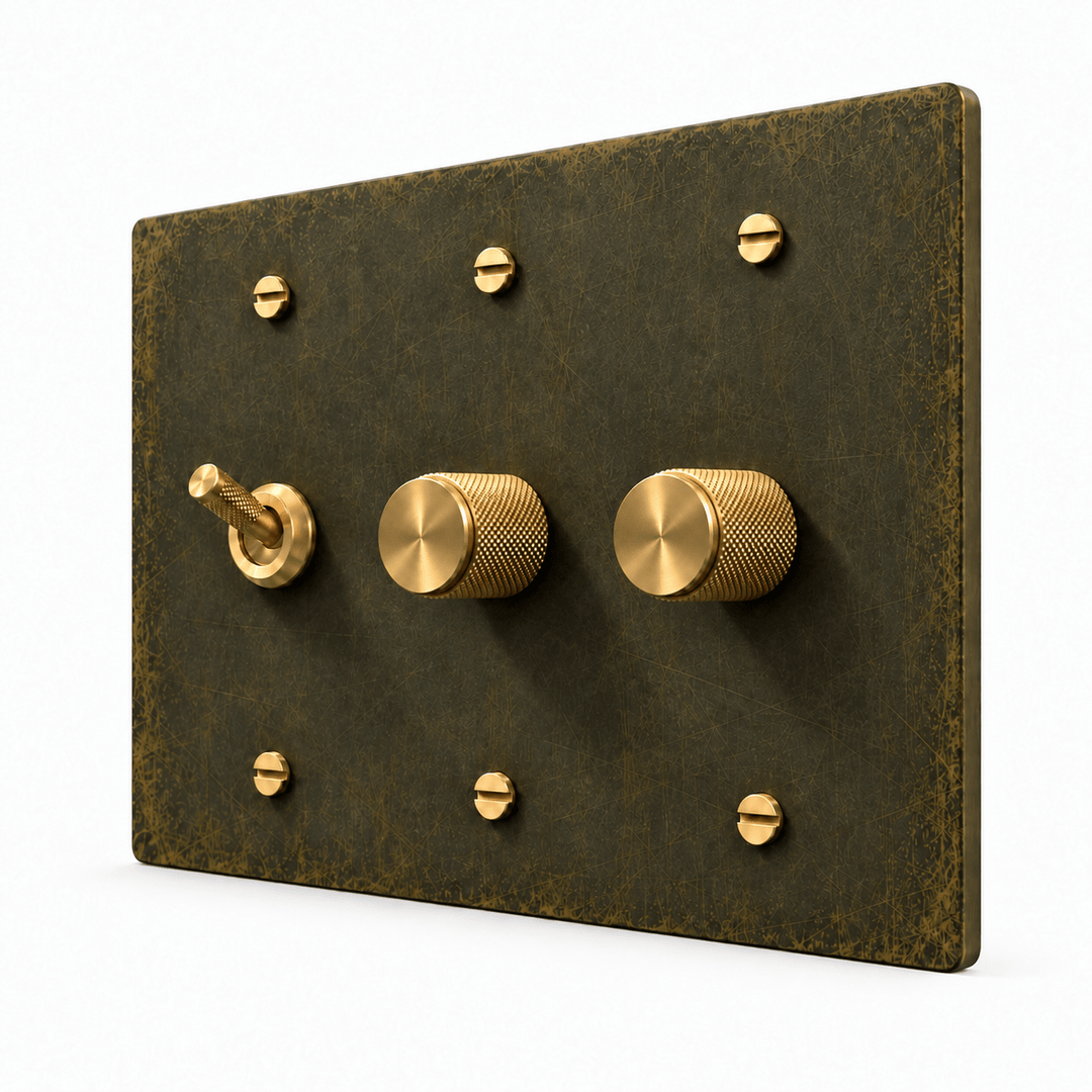 Antique Brass 3-Gang Knurled Toggle Light Switch & 2 Dimmers with brass controls and matching mounting screws