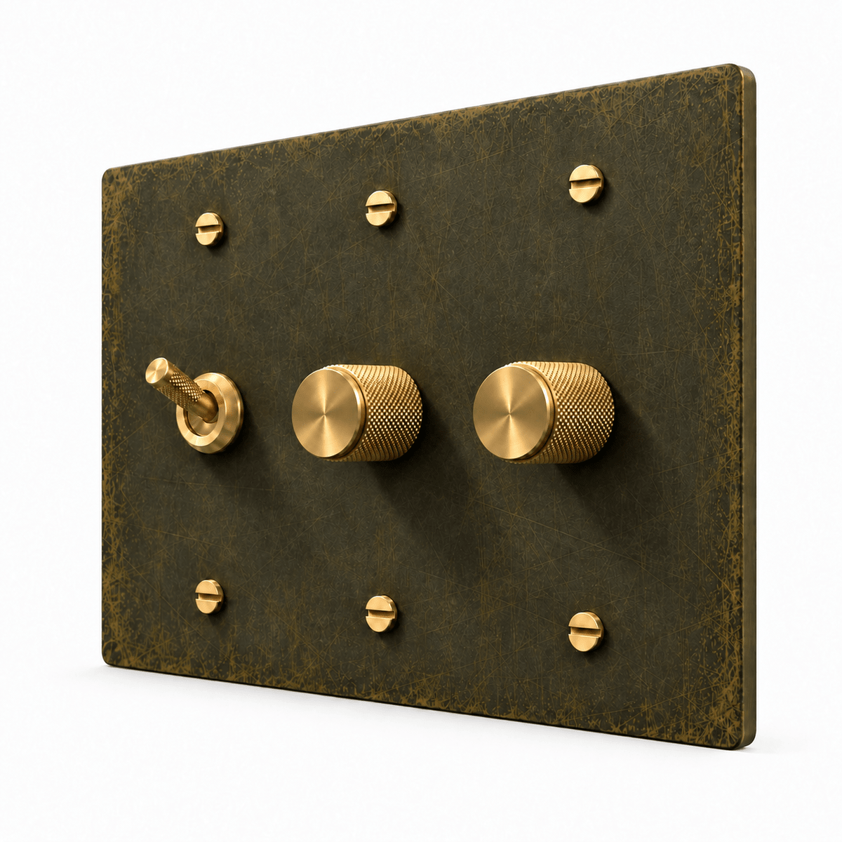 Antique Brass 3-Gang Knurled Toggle Light Switch & 2 Dimmers with brass controls and matching mounting screws