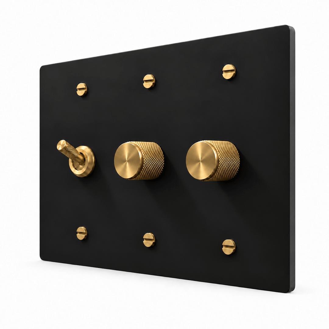 Black / Brass 3-Gang Knurled Toggle Light Switch & 2 Dimmers with brass controls and matching mounting screws