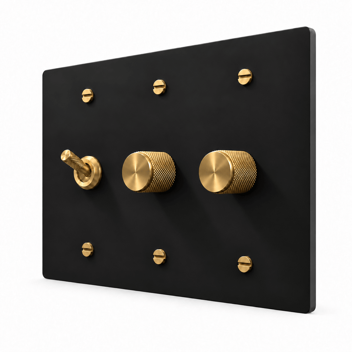 Black / Brass 3-Gang Knurled Toggle Light Switch & 2 Dimmers with brass controls and matching mounting screws