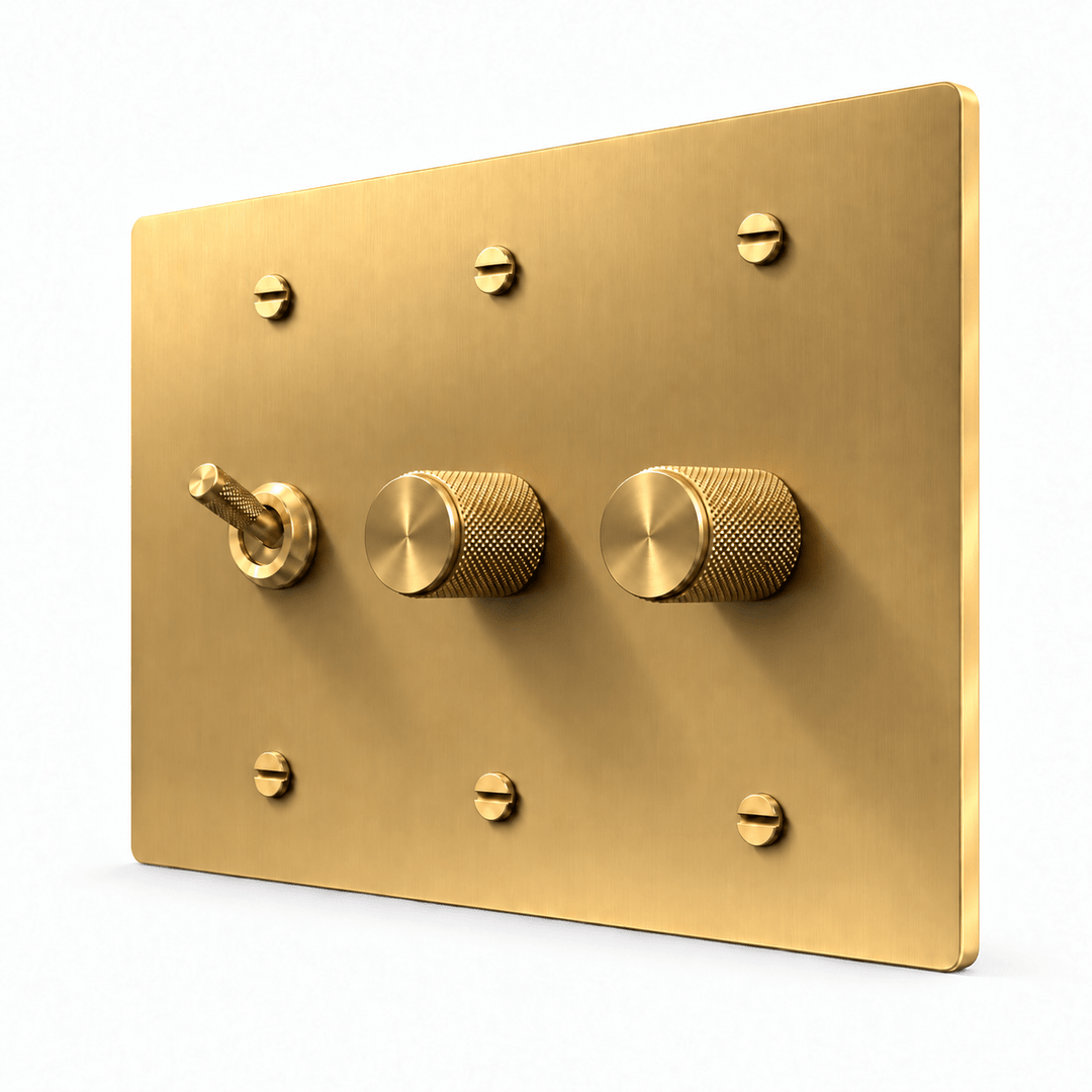 Brass 3-Gang Knurled Toggle Light Switch & 2 Dimmers with brass controls and matching mounting screws