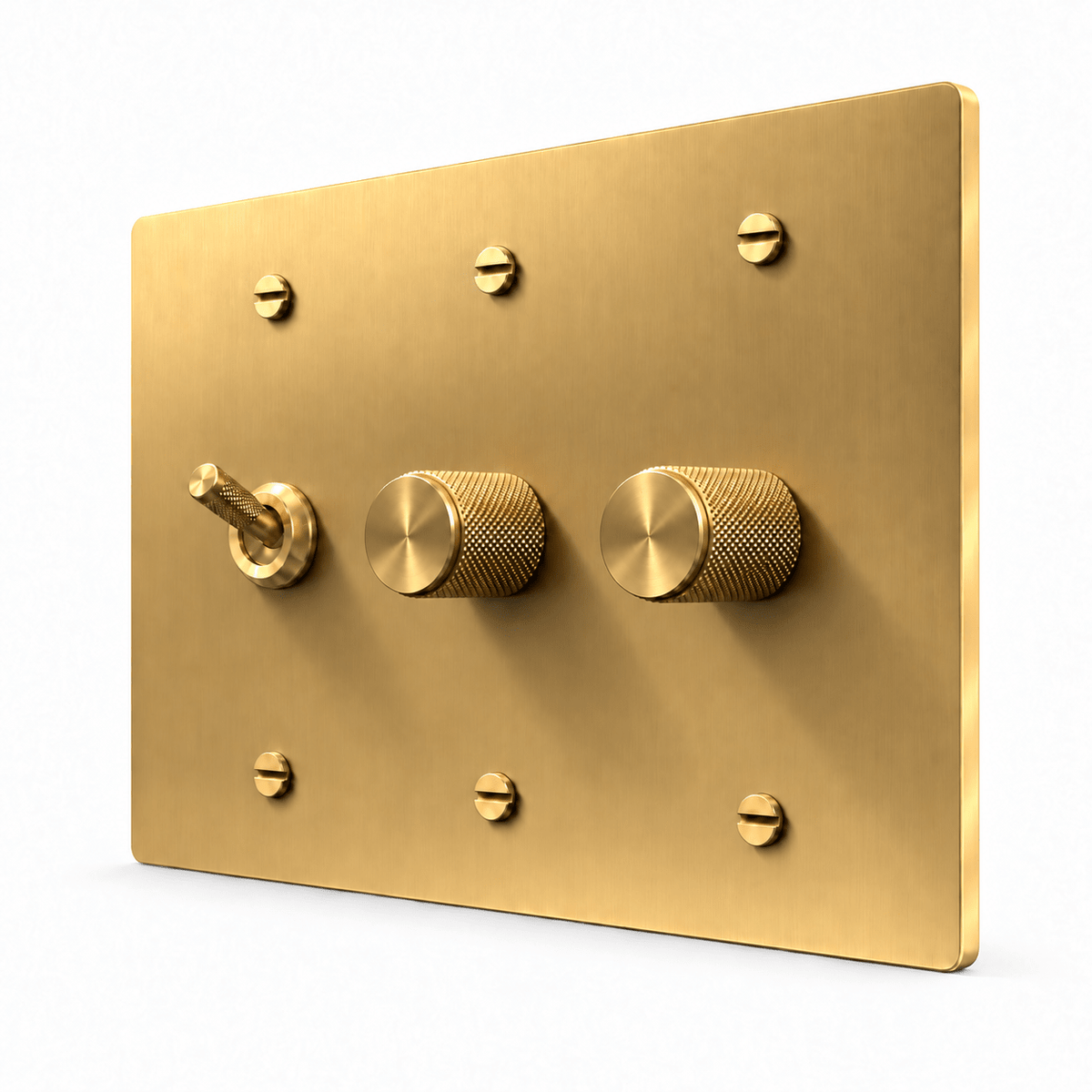 Brass 3-Gang Knurled Toggle Light Switch & 2 Dimmers with brass controls and matching mounting screws