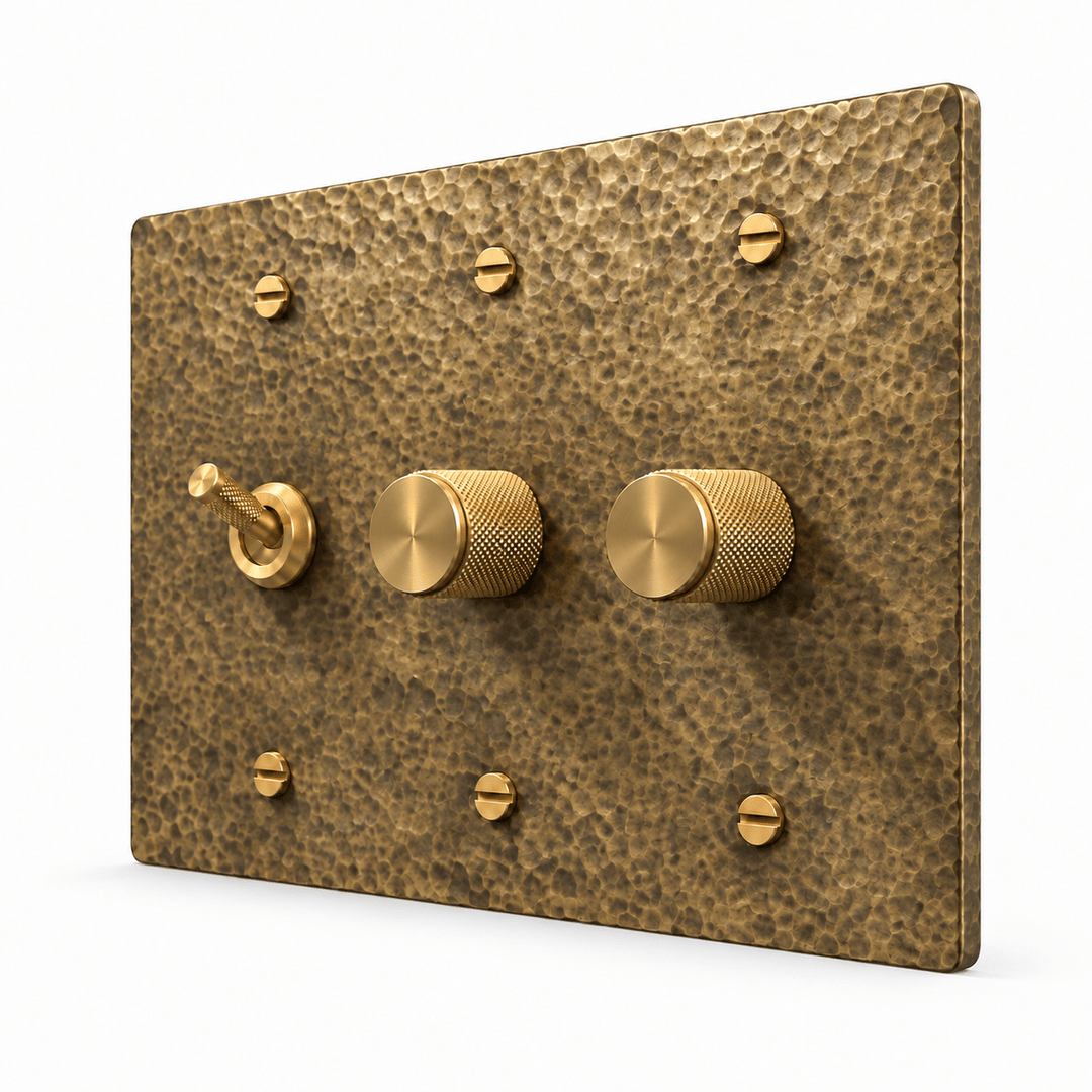 Hammered Antique Brass 3-Gang Knurled Toggle Light Switch & 2 Dimmers with brass controls and matching mounting screws
