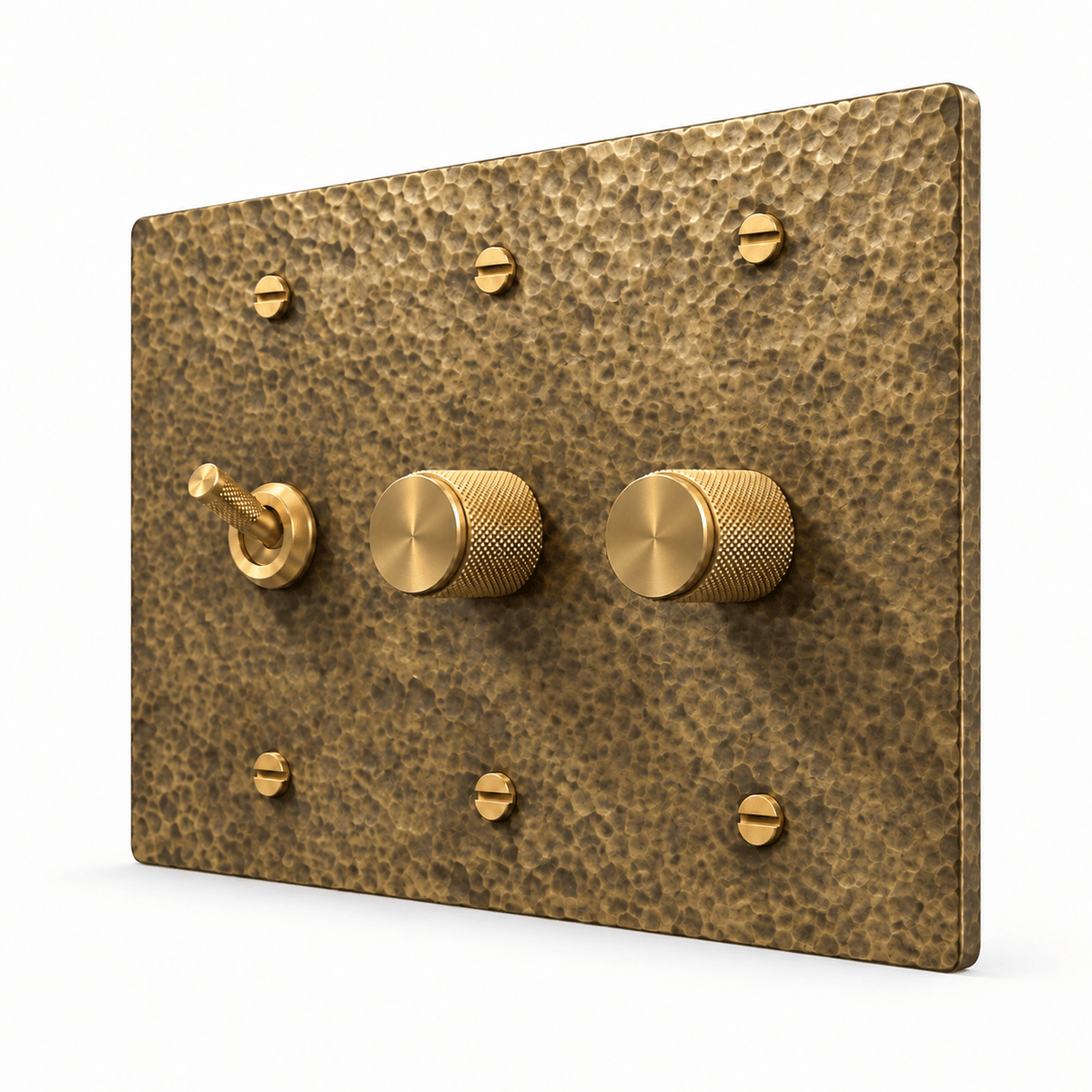 Hammered Antique Brass 3-Gang Knurled Toggle Light Switch & 2 Dimmers with brass controls and matching mounting screws