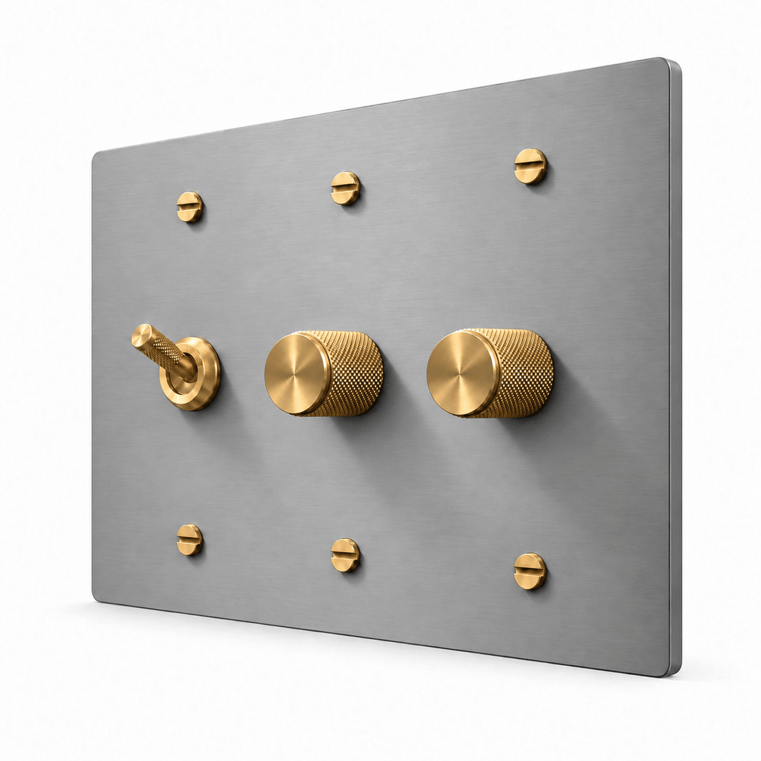 Stainless Steel / Brass 3-Gang Knurled Toggle Light Switch & 2 Dimmers with brass controls and matching mounting screws
