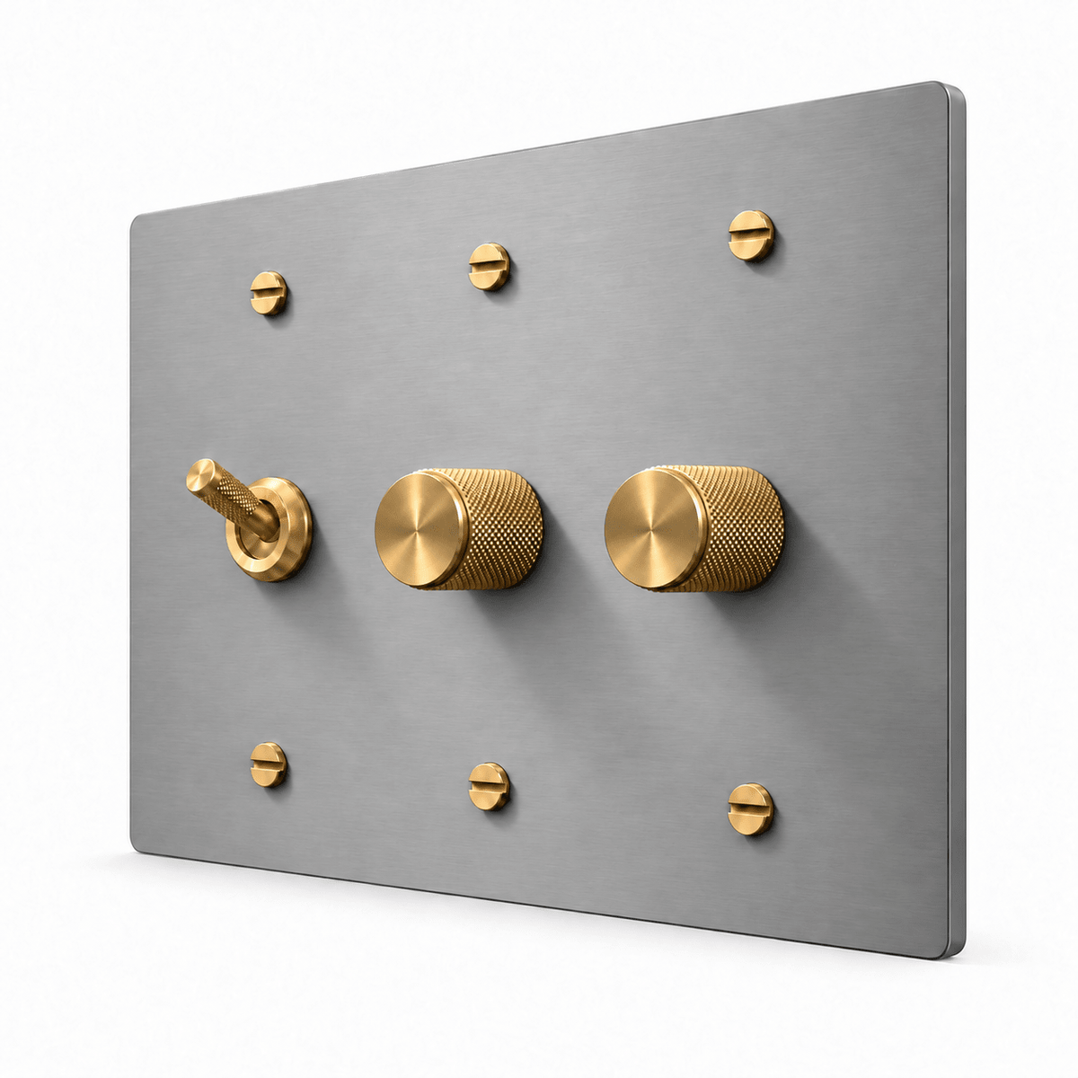 Stainless Steel / Brass 3-Gang Knurled Toggle Light Switch & 2 Dimmers with brass controls and matching mounting screws
