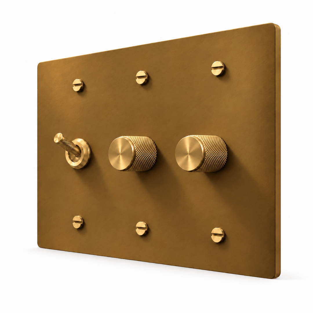 Unlacquered Aged brass 3-Gang Knurled Toggle Light Switch & 2 Dimmers with brass controls and matching mounting screws