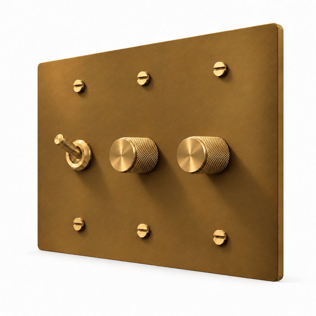 Unlacquered Aged brass 3-Gang Knurled Toggle Light Switch & 2 Dimmers with brass controls and matching mounting screws