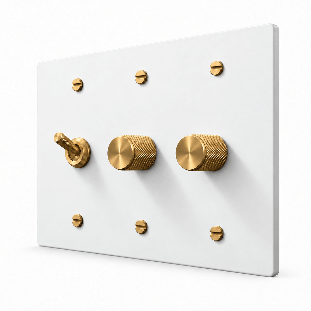 White / Brass 3-Gang Knurled Toggle Light Switch & 2 Dimmers with brass controls and matching mounting screws