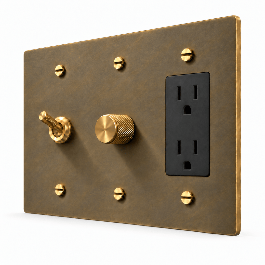 PlatePrestige 3-Gang Knurled Toggle, Dimmer & Outlet in Aged Brass