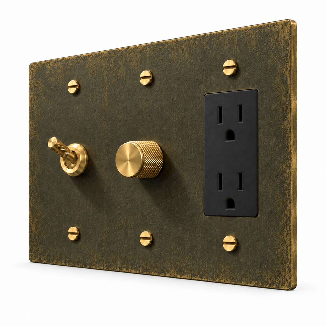 PlatePrestige 3-Gang Knurled Toggle, Dimmer & Outlet in Antique Brass