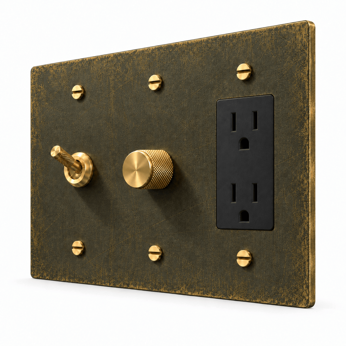 PlatePrestige 3-Gang Knurled Toggle, Dimmer & Outlet in Antique Brass