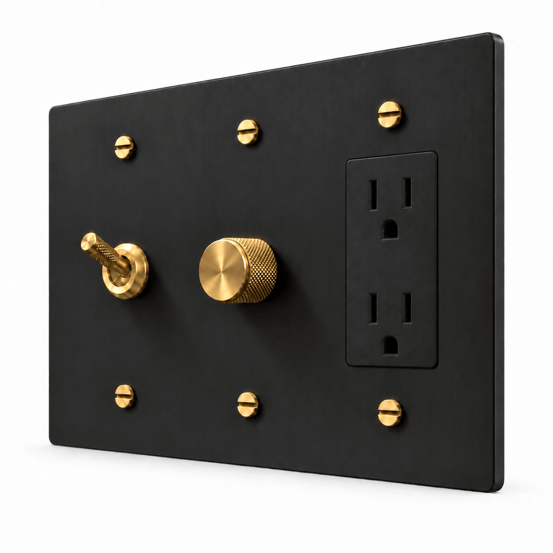 PlatePrestige 3-Gang Knurled Toggle, Dimmer & Outlet in Black / Brass